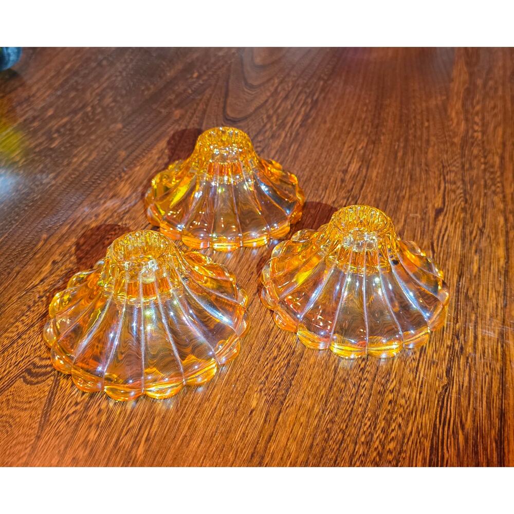 Carnival Glass Candle Holder Marigold Trio 3 Vintage Orange Peach MCM Iridescent